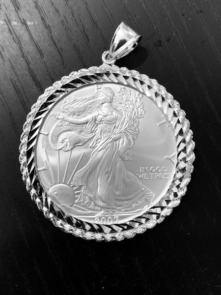 Men's Fine Silver 1 Oz Eagle Dollar Coin Charm with Silver Rope