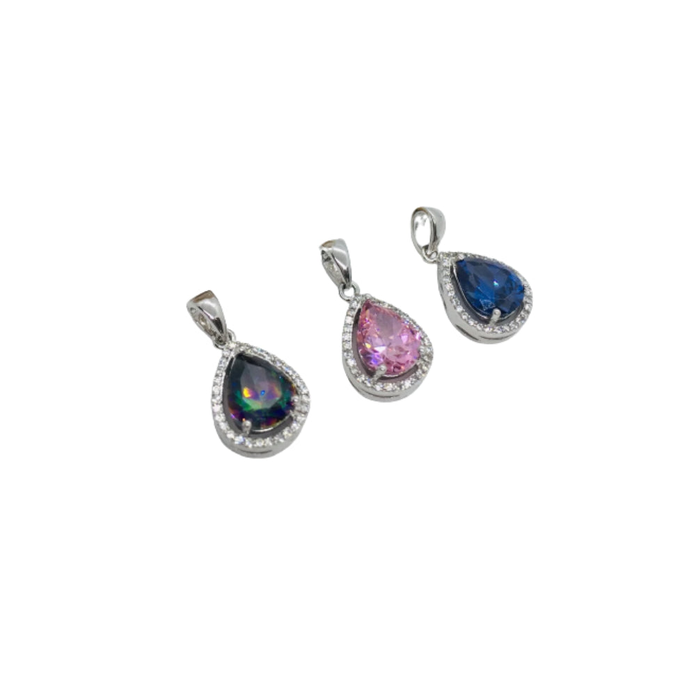 925 Sterling Silver Tear Drop Pendant with 18" chain Sapphire, Pink Topaz, Mystic Fire topaz