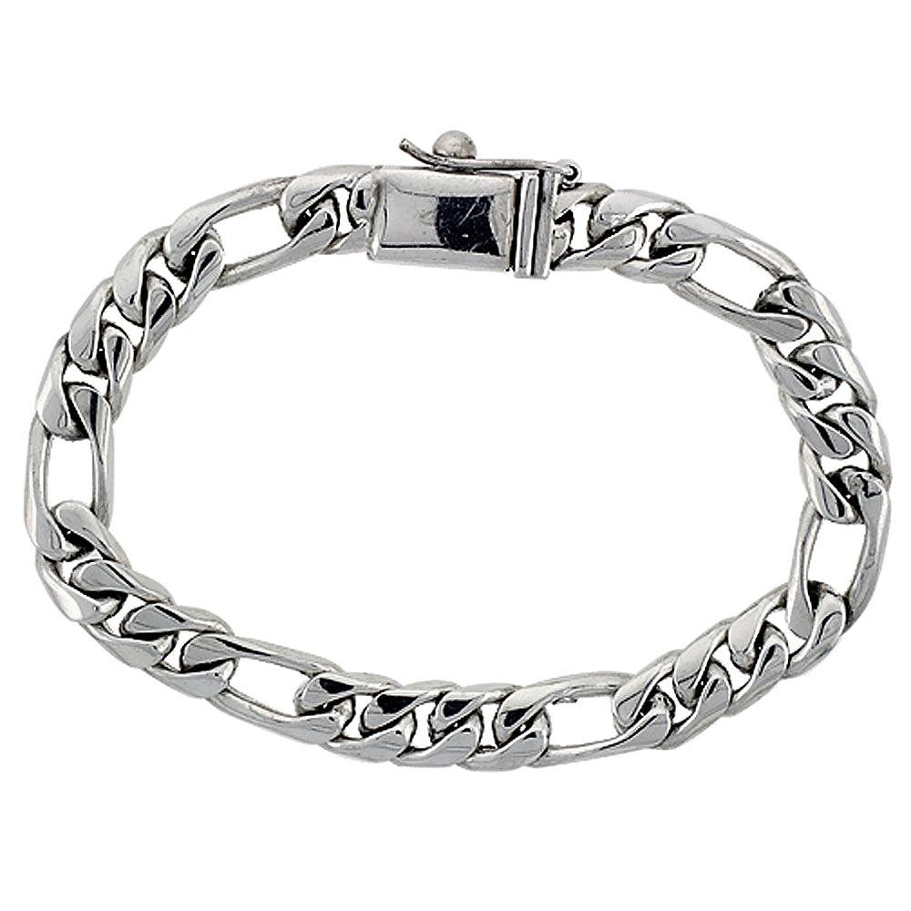 9mm 925 sterling silver men's handmade miami Figaro link bracelet 9" or 8" with safety  lock