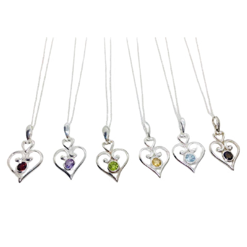 Heart Pendant Natural Stones 925 Sterling Silver women's Necklace Garnet, Amethyst, Peridot, Citrine, Blue Topaz, Smokey Topaz