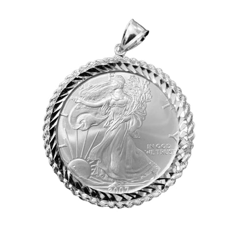 Men's Fine Silver 1 Oz Eagle Dollar Coin Charm with Silver Rope Bezel Pendant 2007