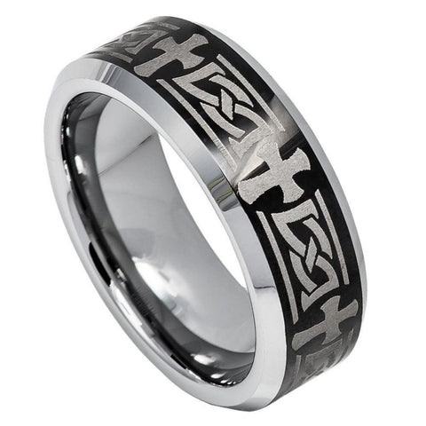 Tungsten Carbide men's band ring with celtic crosses black Ip Plated center custom laser engraving