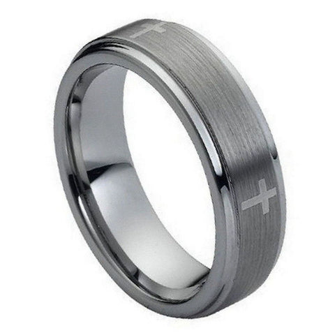 Men's Band ring tungsten carbide brushed finish with crosses 7mm size 7-15 CUSTOM laser ENGRAVING