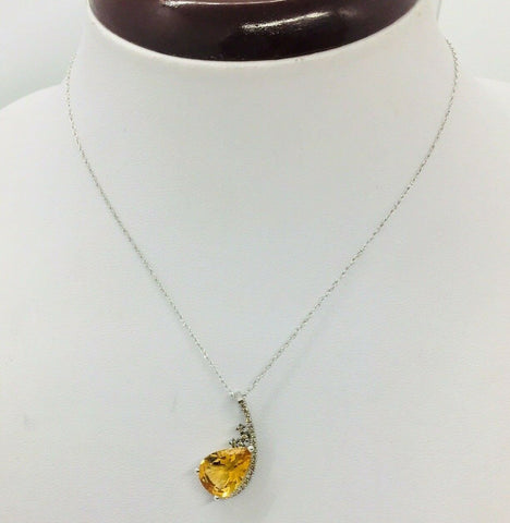 10K Solid gold Women's Genuine Diamonds and  Citrine Pendant Necklace with 18