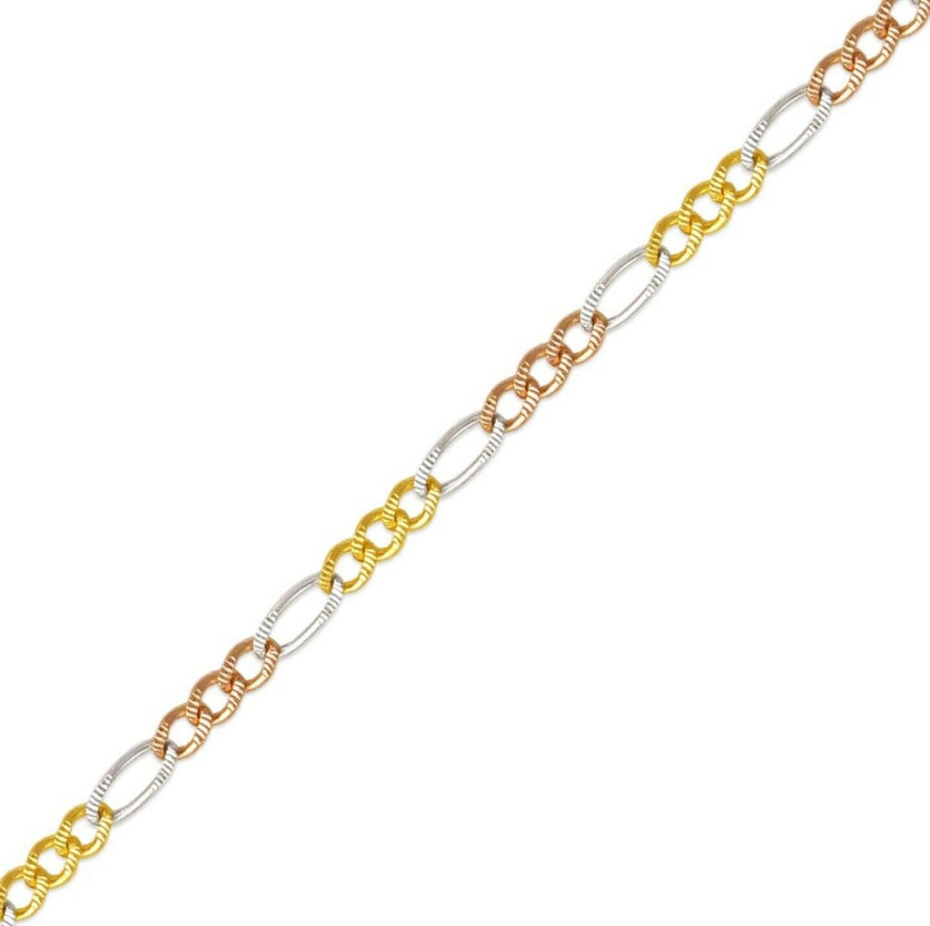 14K Tricolor Solid Gold Diamond Cut Figaro Link Chain Women's 2.5mm sz 16"-24”
