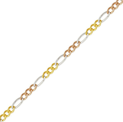 14K Tricolor Solid Gold Diamond Cut Figaro Link Chain Women's 2.5mm sz 16