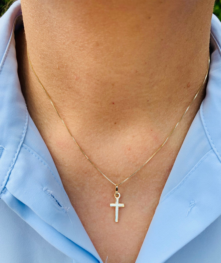 14k Solid Gold Cross Necklace Minimalist plain cross Women's cross box chain 16" 18'' 20"