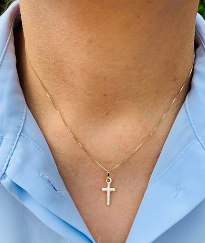 14k Solid Gold Cross Necklace Minimalist plain cross Women's cross box chain 16