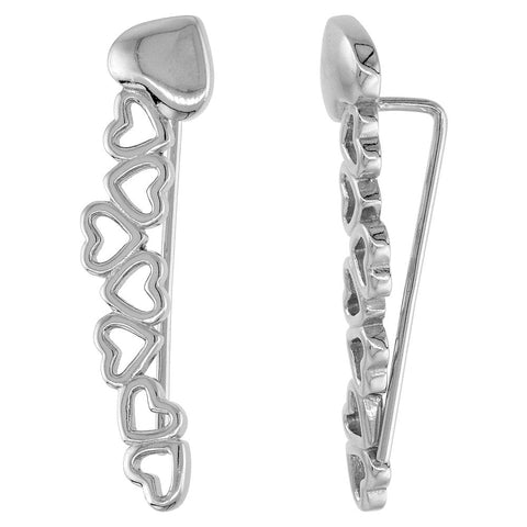 Women's heart Climber Earrings Sterling Silver Cubic Zirconia Square Ear Climber Crawler Earrings, 1 1/16 inch long