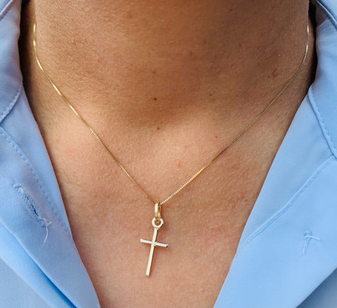 14k Solid Gold Cross Necklace Minimalist plain cross Pendant Women's cross charm box chain 16