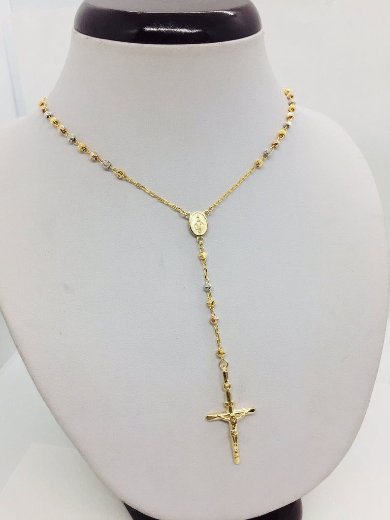 14K Solid Tricolor Gold Rosary Necklace Crucifix Men's/Women's 3mm 16" 18" 20" & 24" Moon cut beads