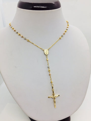 14K Solid Tricolor Gold Rosary Necklace Crucifix Men's/Women's 3mm 16