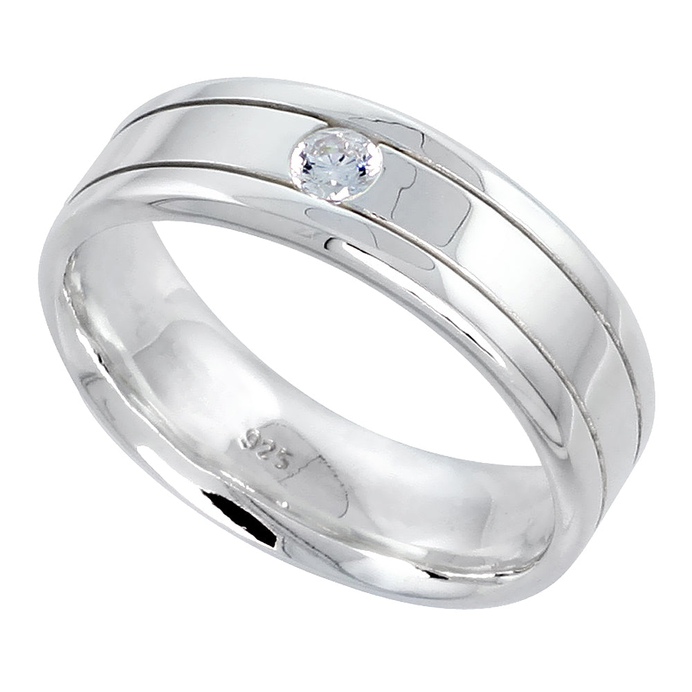 Men's Wedding band 925 Sterling Silver engravable CZ band Ring 6mm